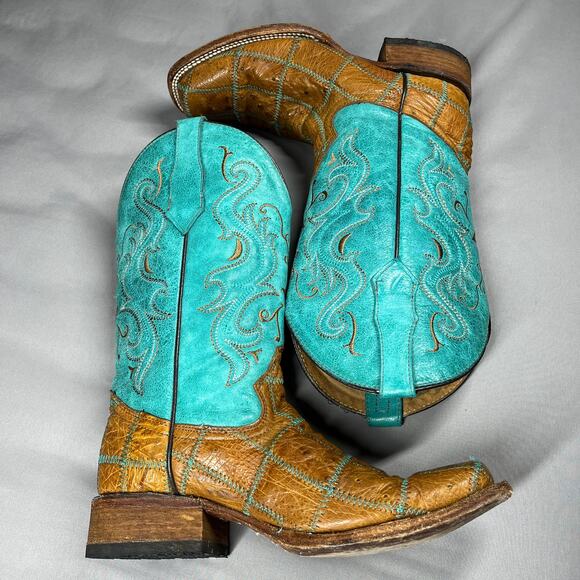 Vtg Circle G Boots Womens Sz 8.5M Western Square Toe Turquoise & Brown Cowgirl - Picture 8 of 16